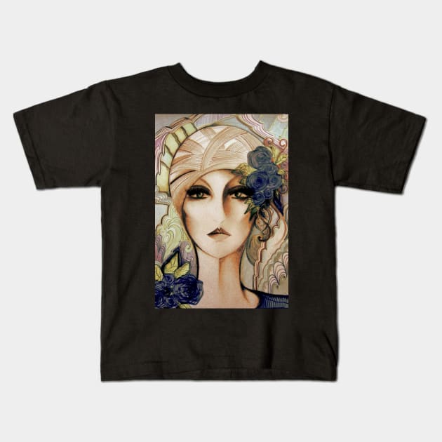 70S ART DECO DOLLY IN TURBAN , MUTED SHADES FLOWERS Kids T-Shirt by jacquline8689